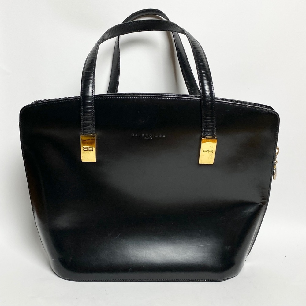 Vintage 1980s BALENCIAGA Boxy Real Leather Bag with Gold Hardware